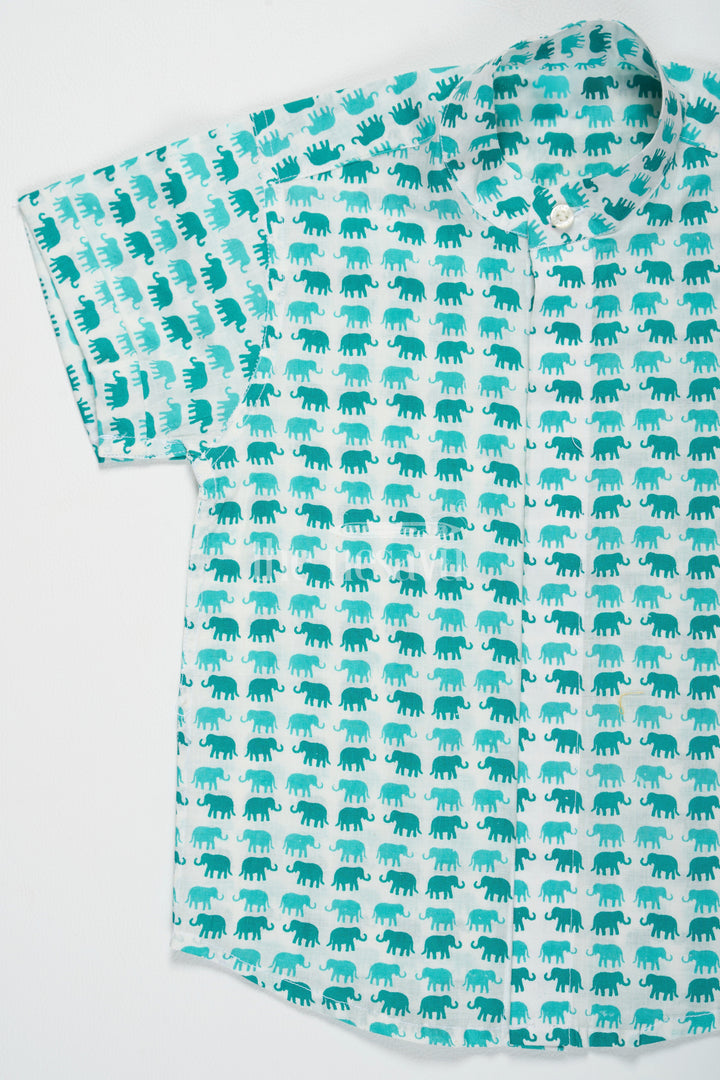 The Nesavu Boys Cotton Shirt Boys Aqua Green Cotton Shirt with Elephant Print and Mandarin Collar for Outdoor Adventures Nesavu Nesavu Boys Aqua Green Cotton Shirt Fun Elephant Print Playful Summer Outings