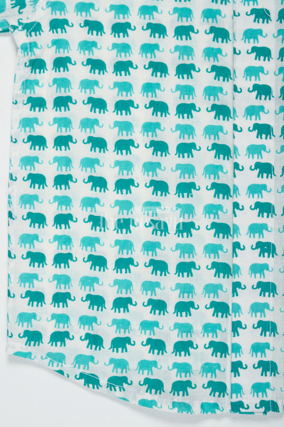 The Nesavu Boys Cotton Shirt Boys Aqua Green Cotton Shirt with Elephant Print and Mandarin Collar for Outdoor Adventures Nesavu Nesavu Boys Aqua Green Cotton Shirt Fun Elephant Print Playful Summer Outings