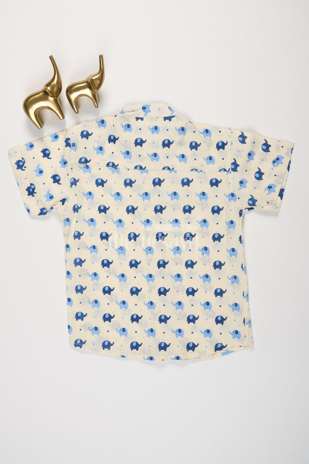 The Nesavu Boys Cotton Shirt Boys Beige Cotton Shirt with Blue and Navy Elephant Print for Fun and Playful Casual Wear Nesavu Nesavu Boys Beige Cotton Shirt Blue Elephant Print Fun Playful Casual Wear