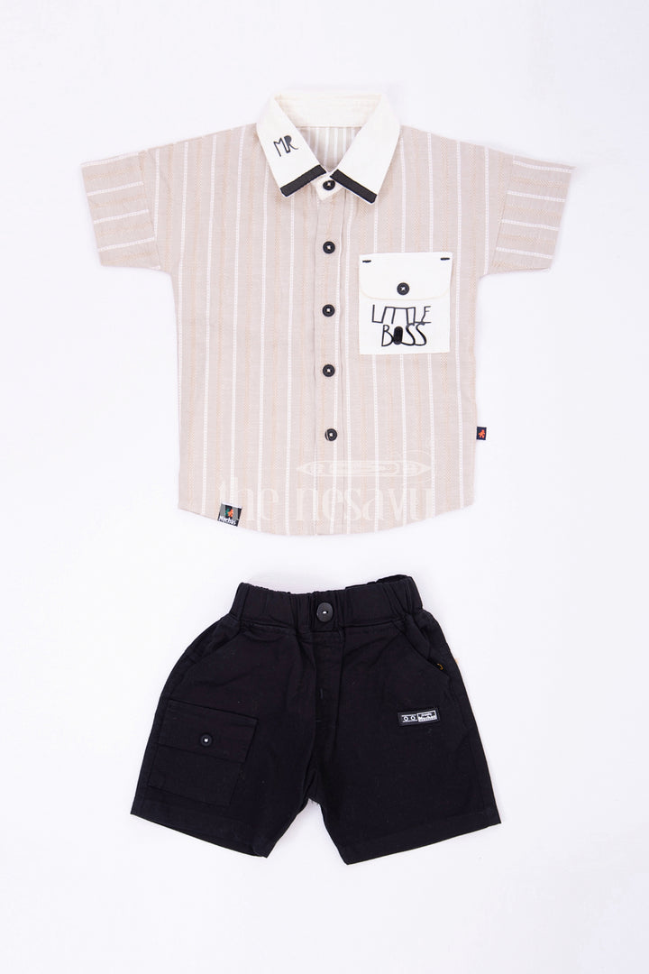 The Nesavu Boys Casual Set Boys Beige Striped Half Sleeve Shirt and Black Shorts Set Nesavu 16 (1Y) / Beige BCS077A-16 The Nesavu Boys Beige Striped Shirt and Black Shorts Set