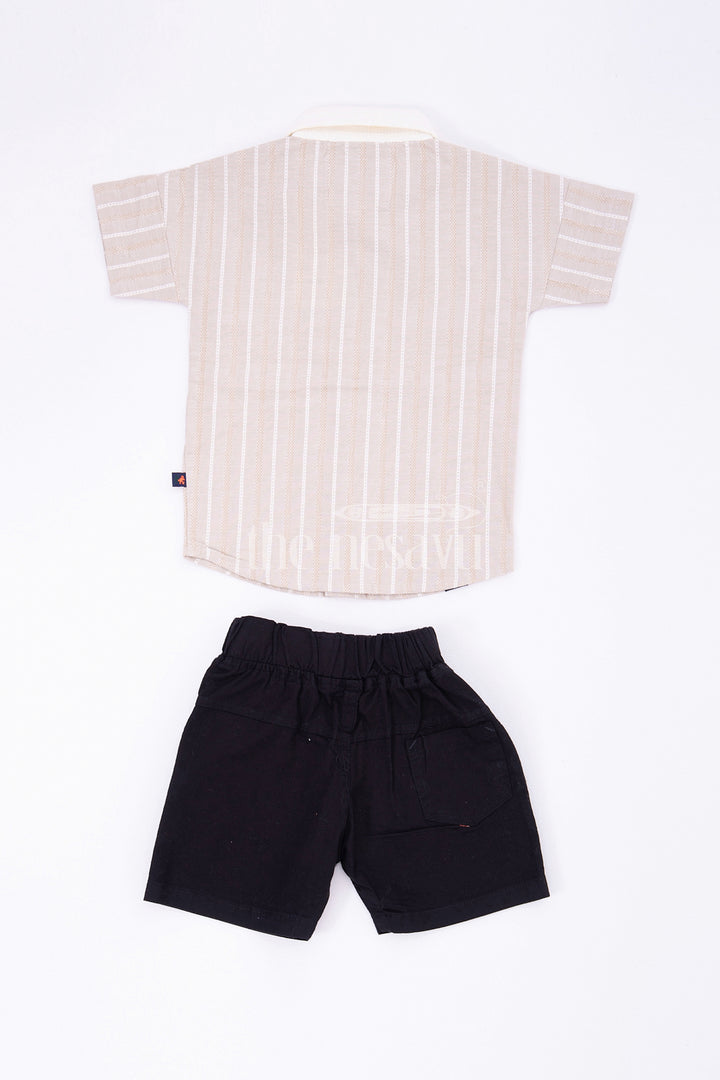 The Nesavu Boys Casual Set Boys Beige Striped Half Sleeve Shirt and Black Shorts Set Nesavu The Nesavu Boys Beige Striped Shirt and Black Shorts Set