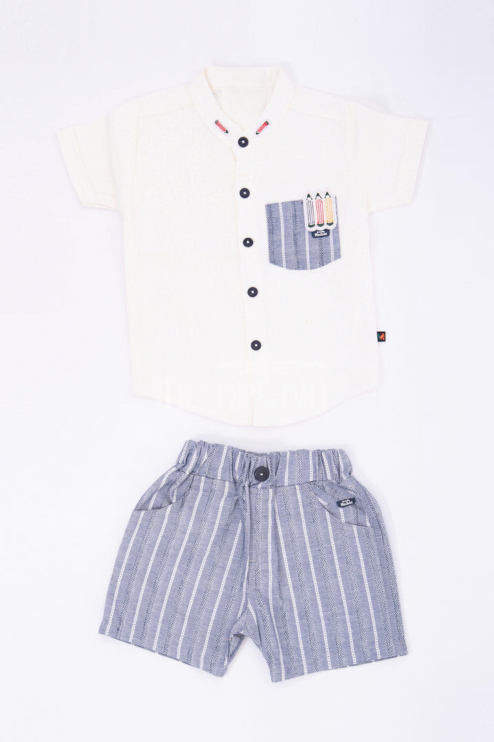 The Nesavu Boys Casual Set Boys Beige Striped Half Sleeve Shirt and Grey Shorts Set Nesavu 16 (1Y) / Beige BCS079A-16 The Nesavu Boys Beige Striped Shirt and Grey Shorts Set