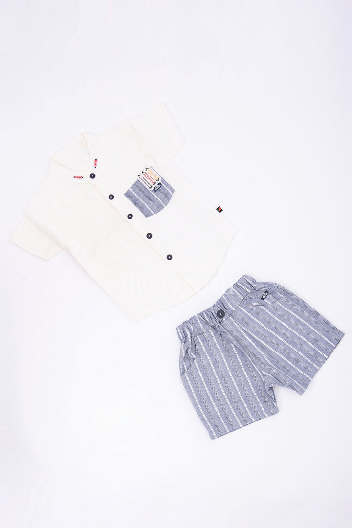 The Nesavu Boys Casual Set Boys Beige Striped Half Sleeve Shirt and Grey Shorts Set Nesavu The Nesavu Boys Beige Striped Shirt and Grey Shorts Set