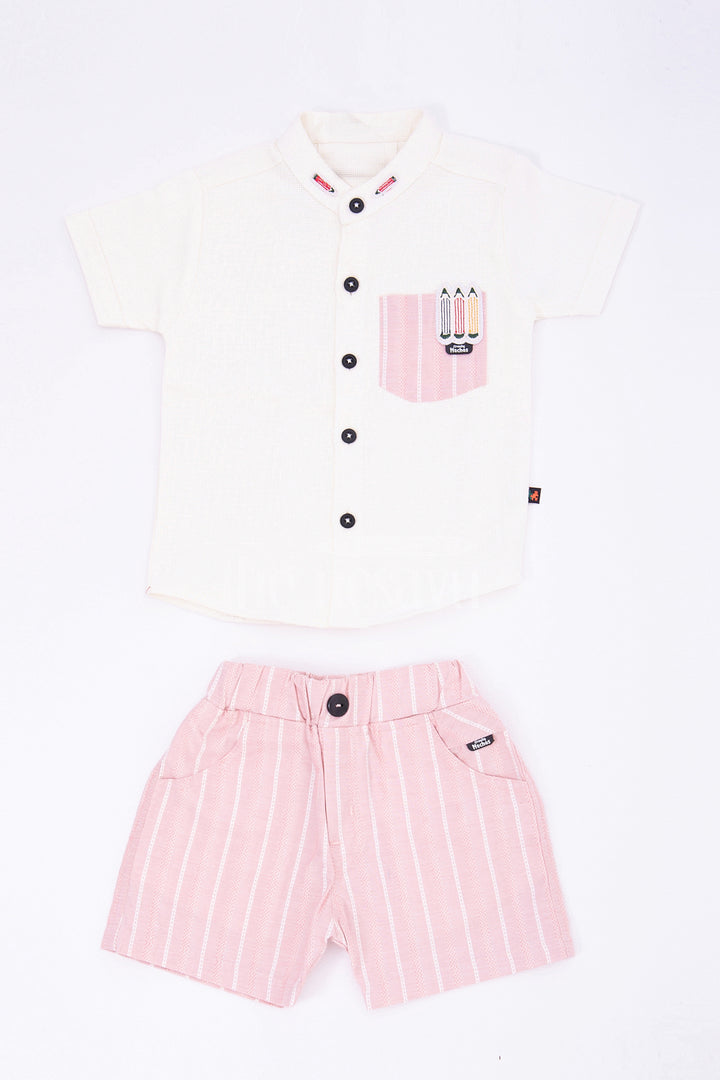 The Nesavu Boys Casual Set Boys Beige Striped Half Sleeve Shirt and Pink Shorts Set Nesavu 16 (1Y) / Pink BCS079B-16 The Nesavu Boys Beige Striped Shirt and Pink Shorts Set