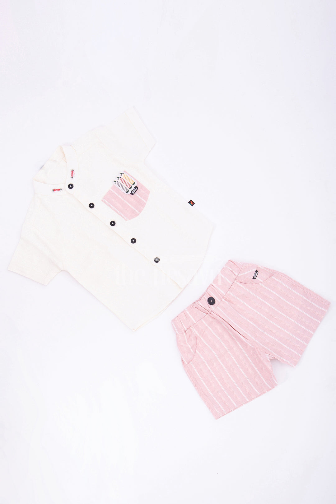 The Nesavu Boys Casual Set Boys Beige Striped Half Sleeve Shirt and Pink Shorts Set Nesavu The Nesavu Boys Beige Striped Shirt and Pink Shorts Set