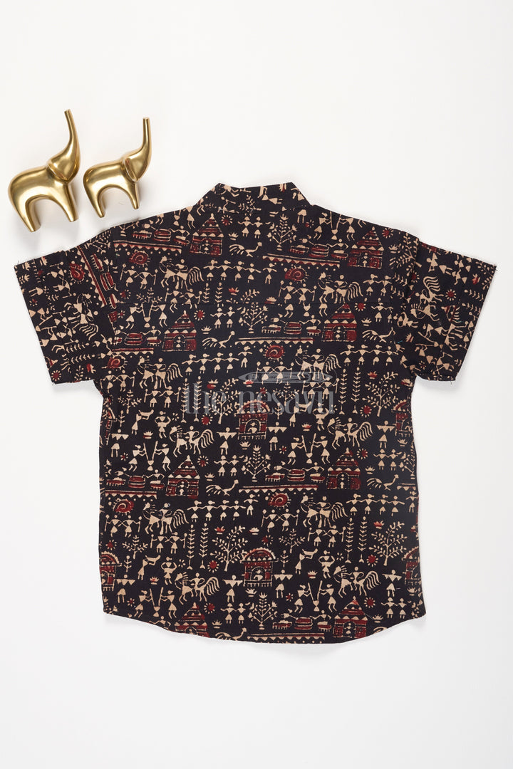 The Nesavu Boys Cotton Shirt Boys Black Cotton Shirt with Warli Tribal Print for Festive and Casual Occasions Nesavu Nesavu Boys Black Cotton Shirt Warli Tribal Print Cultural Festive Wear