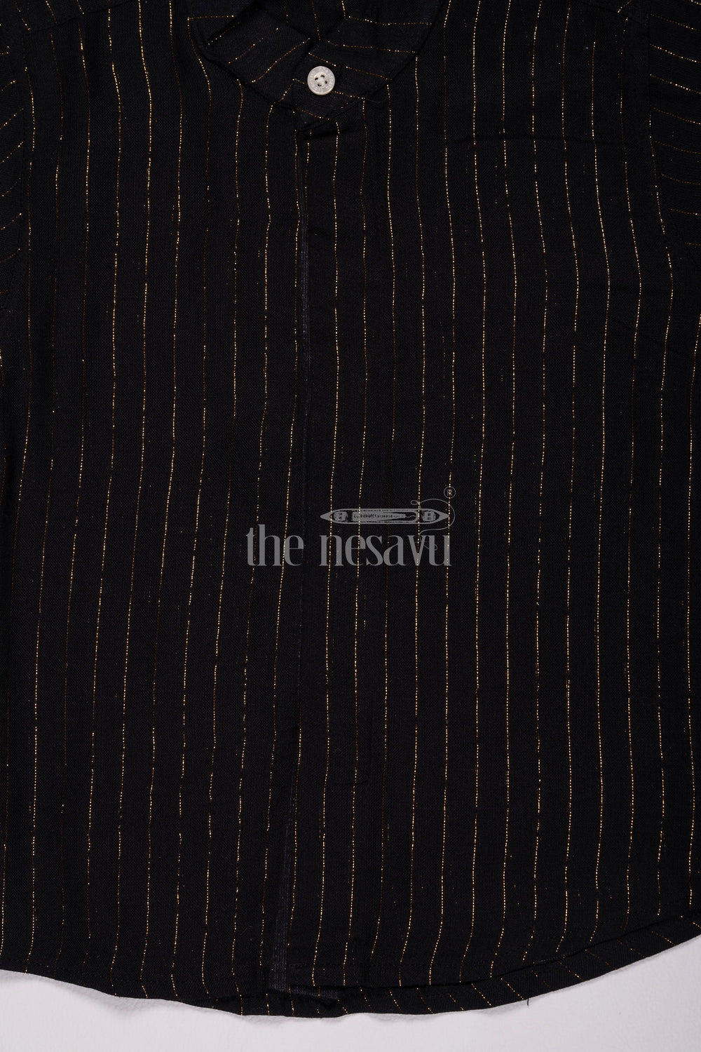 The Nesavu Boys Cotton Shirt Boys Black Lurex Zari Cotton Shirt with Festive Gold Stripes Nesavu Nesavu Boys Black Lurex Zari Cotton Shirt Gold Stripes Christmas Celebrations