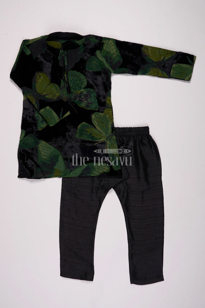 The Nesavu Boys Casual Set Boys Black Velvet Brazzo Casual Shirt with Butterfly Print and Stylish Pants Nesavu 16 (1Y) / Multicolor BES611A-16 Nesavu Boys Black Velvet Casual Shirt Green Butterfly Print Stylish Pants