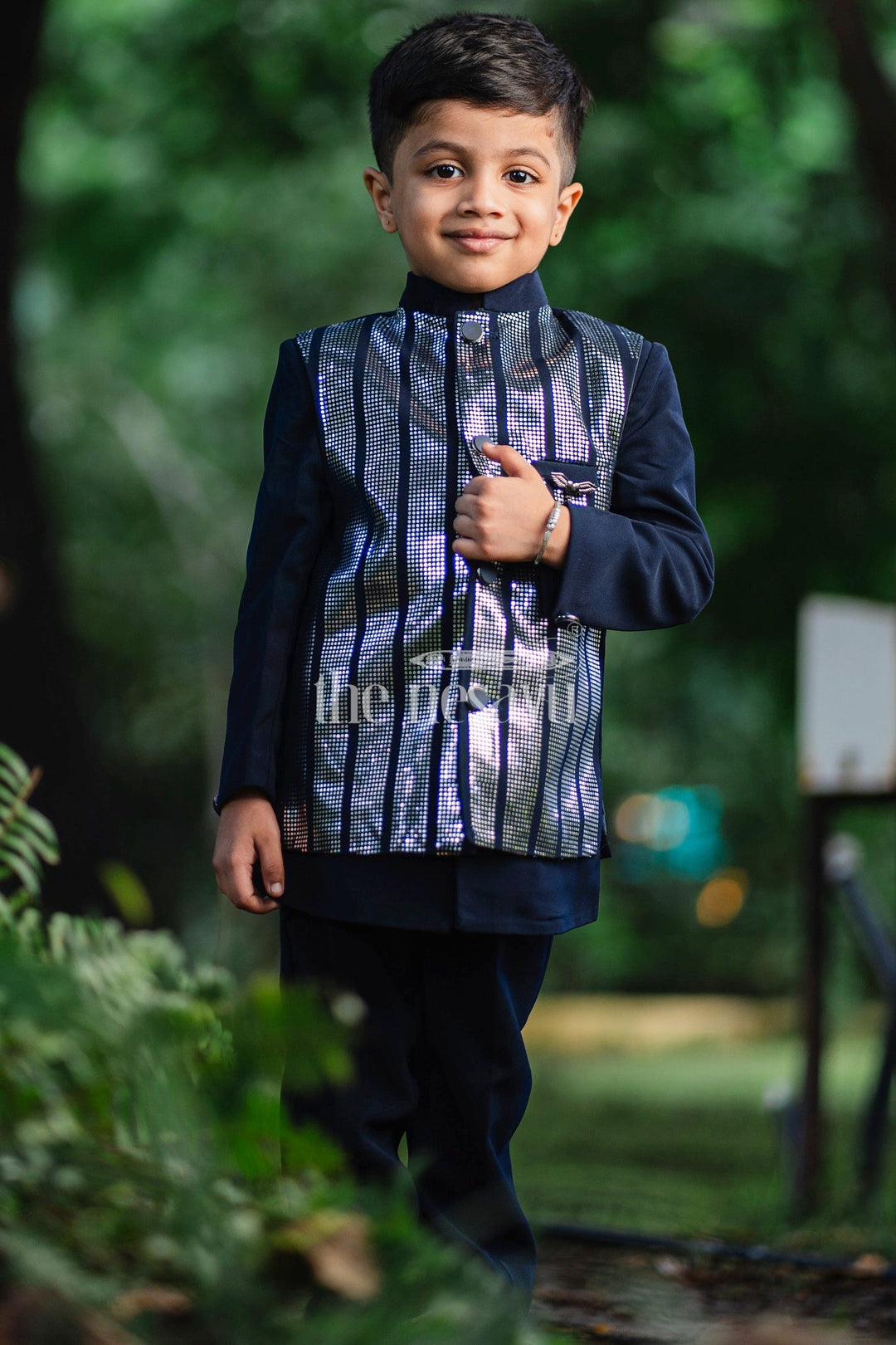 The Nesavu Boys Blazer Set Boys Blazer Set in Navy Blue with Metallic Striped Jacket and Matching Trousers for Family Functions Nesavu 14 (6M) / Blue BES589B-14 Nesavu Boys Navy Blue Blazer Set Metallic Stripes Weddings Festive Celebrations