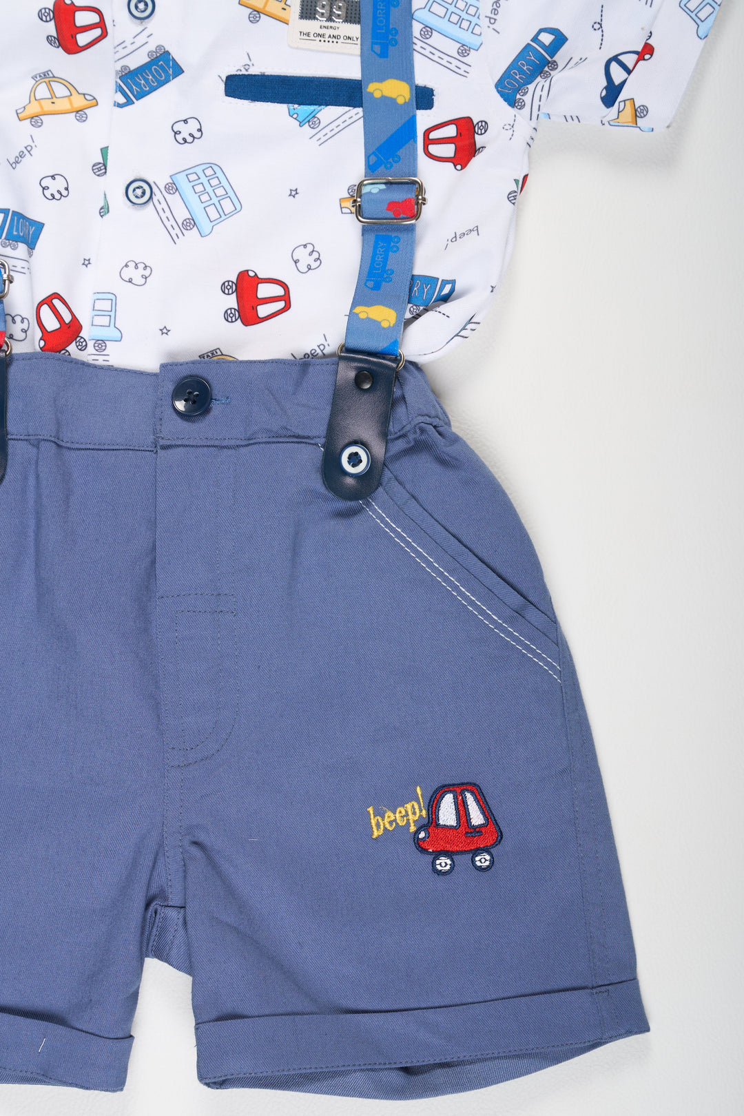 The Nesavu Boys Casual Set Boys Blue Car Print Shirt and Shorts Suspender Set Nesavu 14 (6M) / Blue BCS117A-14 Boys Blue Car Print Shirt and Shorts Suspender Set Nesavu