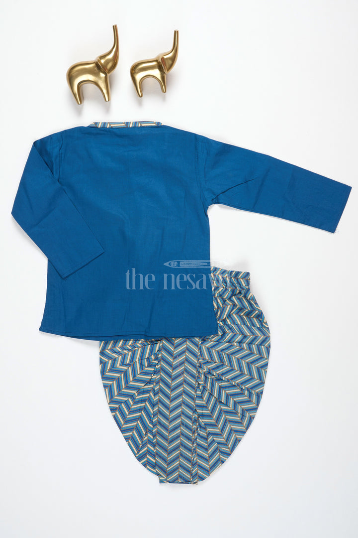 The Nesavu Boys Dothi Set Boys Blue Cotton Dhoti Set with Camel Print Kurta for Festive Occasions and Casual Gatherings Nesavu Nesavu Boys Blue Dhoti Set Chevron-Pattern Kurta Camel Print Festive Celebrations