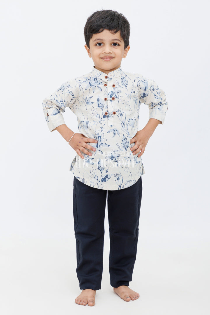 The Nesavu Boys Casual Set Boys Blue Floral Print Shirt with Black Slim-Fit Trousers - Elegant Casual Outfit Nesavu 16 (1Y) / Blue BCS149A-16 Nesavu Boys Black Slim-Fit Pants Blue Floral Shirt - Modern Traditional Set