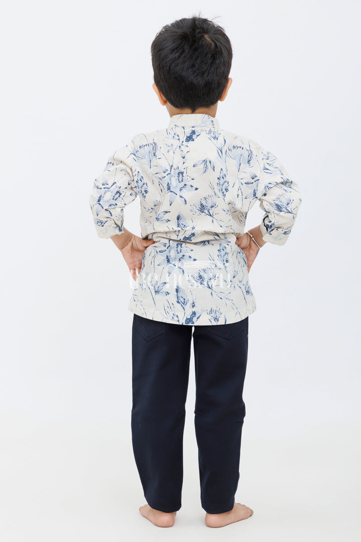 The Nesavu Boys Casual Set Boys Blue Floral Print Shirt with Black Slim-Fit Trousers - Elegant Casual Outfit Nesavu Nesavu Boys Black Slim-Fit Pants Blue Floral Shirt - Modern Traditional Set