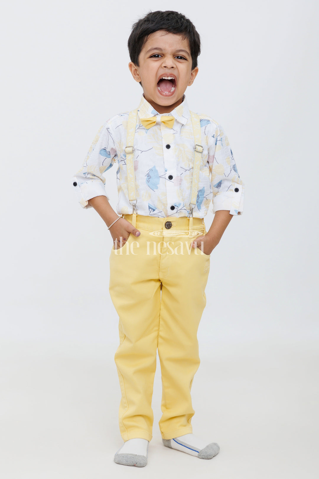 The Nesavu Boys Casual Set Boys Blue Formal Leaf Print Shirt with Mustard Yellow Pants and Suspenders - Stylish Casual Set Nesavu 14 (6M) / Blue BCS146A-14 Nesavu Boys Mustard Yellow Pants Blue Leaf Print Shirt Suspenders - Trendy Formal Casual Set