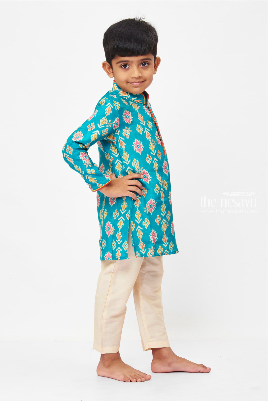 The Nesavu Boys Kurtha Set Boys Blue Ikat Printed Traditional Kurta with Pant Set Traditional and Festive Wear for Kids Nesavu Boys Traditional Kurta set | Comfortable Boys' Kurta and Pants | The Nesavu