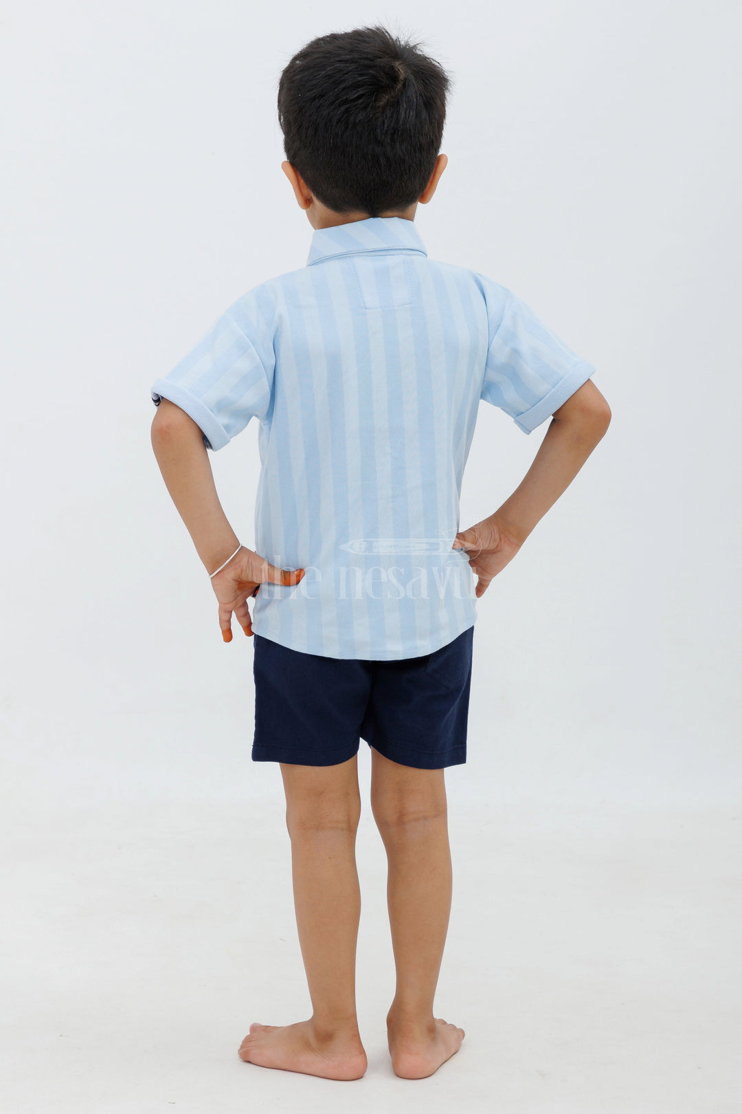 The Nesavu Boys Casual Set Boys Blue Striped Half Sleeve Shirt and Black Shorts Set Nesavu The Nesavu Boys Blue Striped Shirt and Black Shorts Set