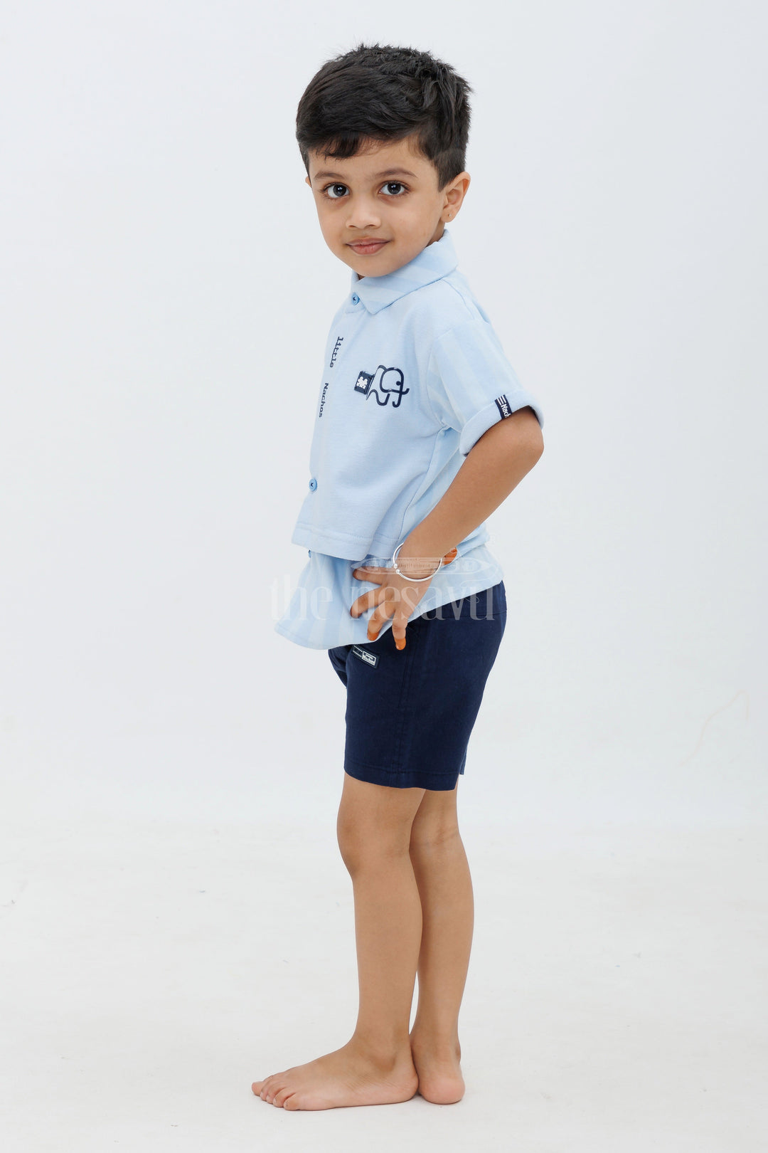 The Nesavu Boys Casual Set Boys Blue Striped Half Sleeve Shirt and Black Shorts Set Nesavu The Nesavu Boys Blue Striped Shirt and Black Shorts Set