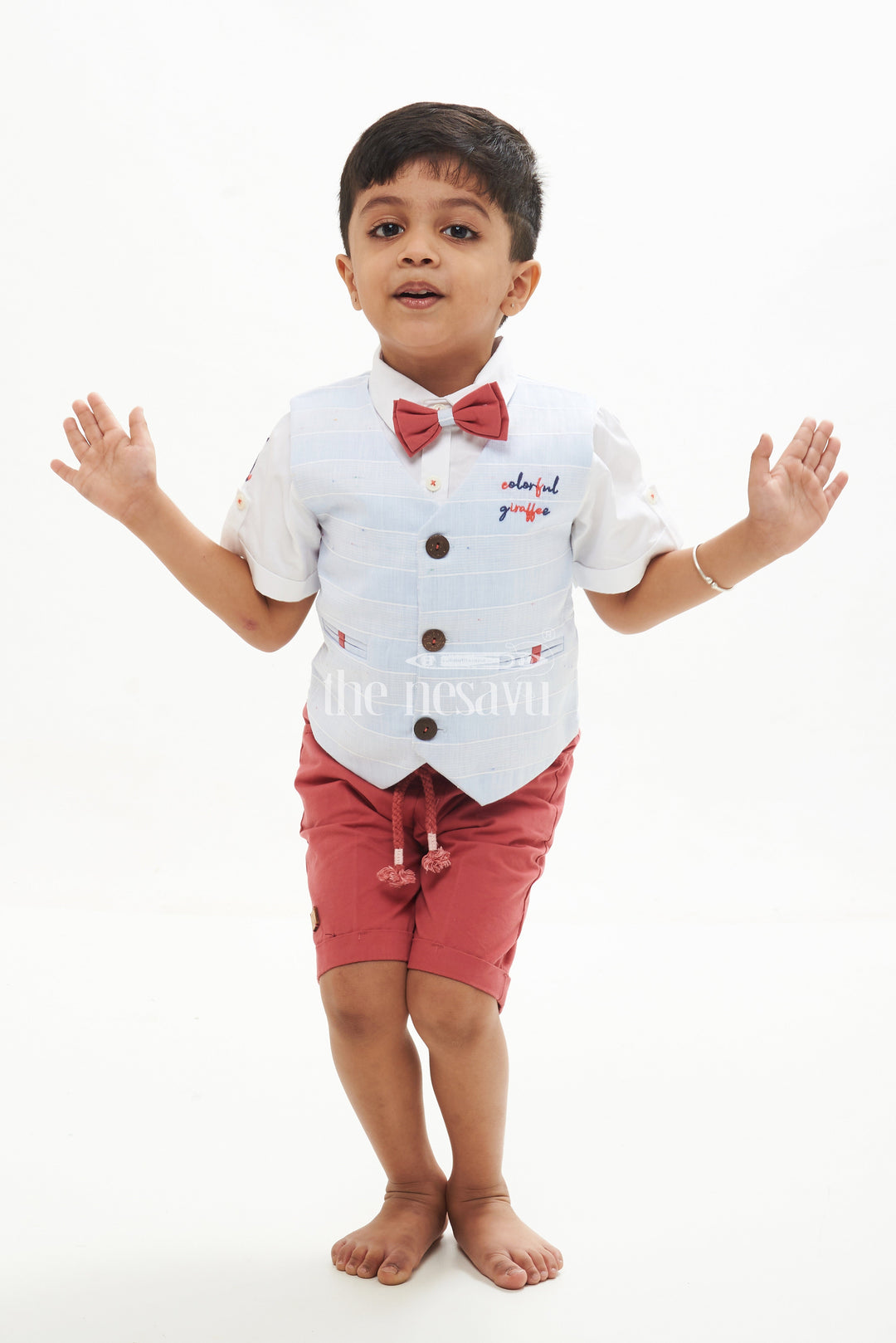 The Nesavu Boys Casual Set Boys' Blue, White, and Maroon Waistcoat with Shirt & Shorts Set Nesavu