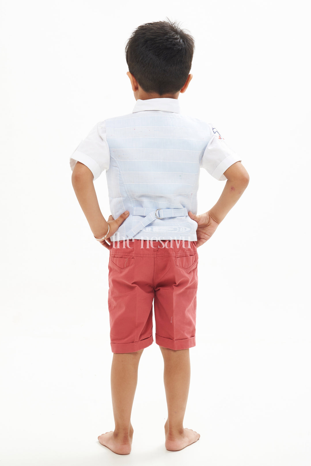 The Nesavu Boys Casual Set Boys' Blue, White, and Maroon Waistcoat with Shirt & Shorts Set Nesavu