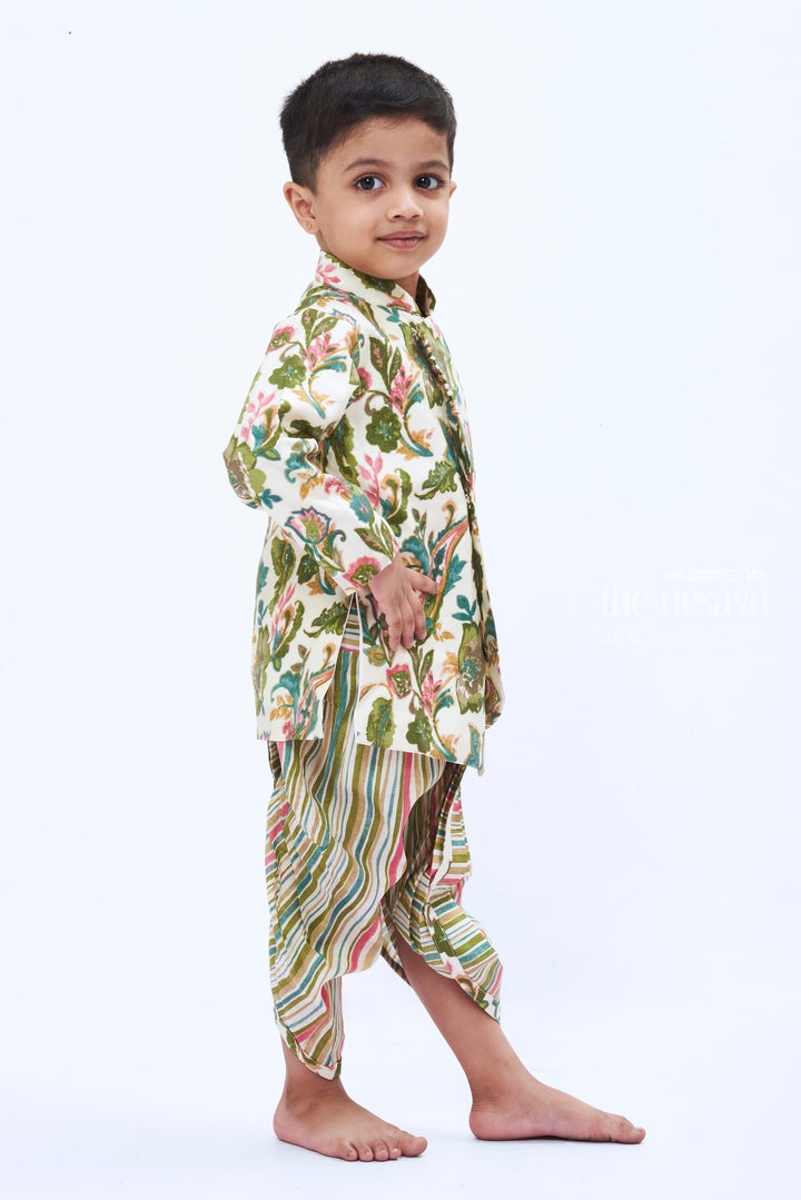 The Nesavu Boys Dothi Set Boys Botanical Print Kurta with Striped Dothi Set Nesavu Boys Botanical Kurta Set | Whimsical Floral and Stripe Design | Kids Festive Fashion | The Nesavu