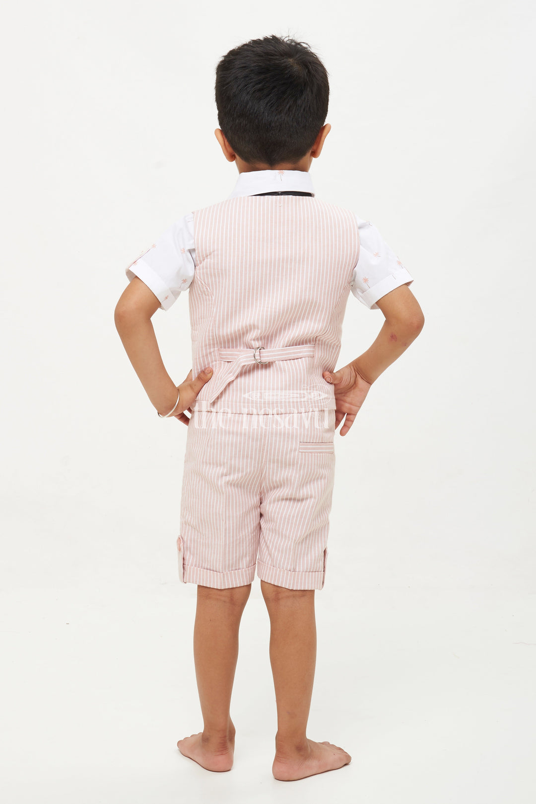 The Nesavu Boys Casual Set Boys' Brown Pinstriped Waistcoat Shorts Set Nesavu Boys' Brown Pinstriped Waistcoat Shorts Set - Palm Tree Print Shirt