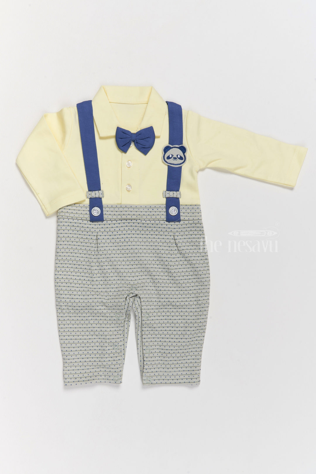 The Nesavu Boys Casual Set Boys Casual and Formal Cotton Attire with Yellow Shirt, Printed Dungarees, and Bow Tie Nesavu 12 (3M) / Yellow BCS205A-12 Nesavu Boys Cotton Casual Formal Attire Yellow Shirt Printed Grey Dungarees Bow Tie