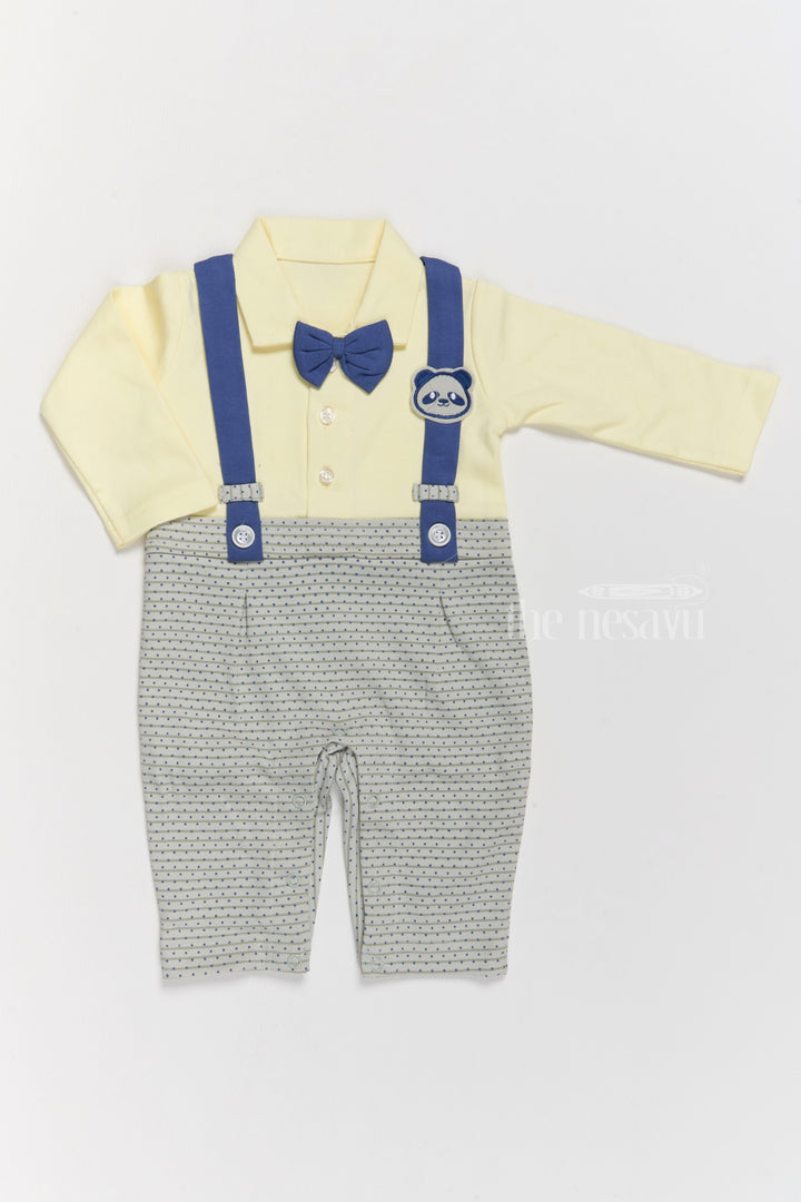 The Nesavu Boys Casual Set Boys Casual and Formal Cotton Attire with Yellow Shirt, Printed Dungarees, and Bow Tie Nesavu 12 (3M) / Yellow BCS205A-12 Nesavu Boys Cotton Casual Formal Attire Yellow Shirt Printed Grey Dungarees Bow Tie