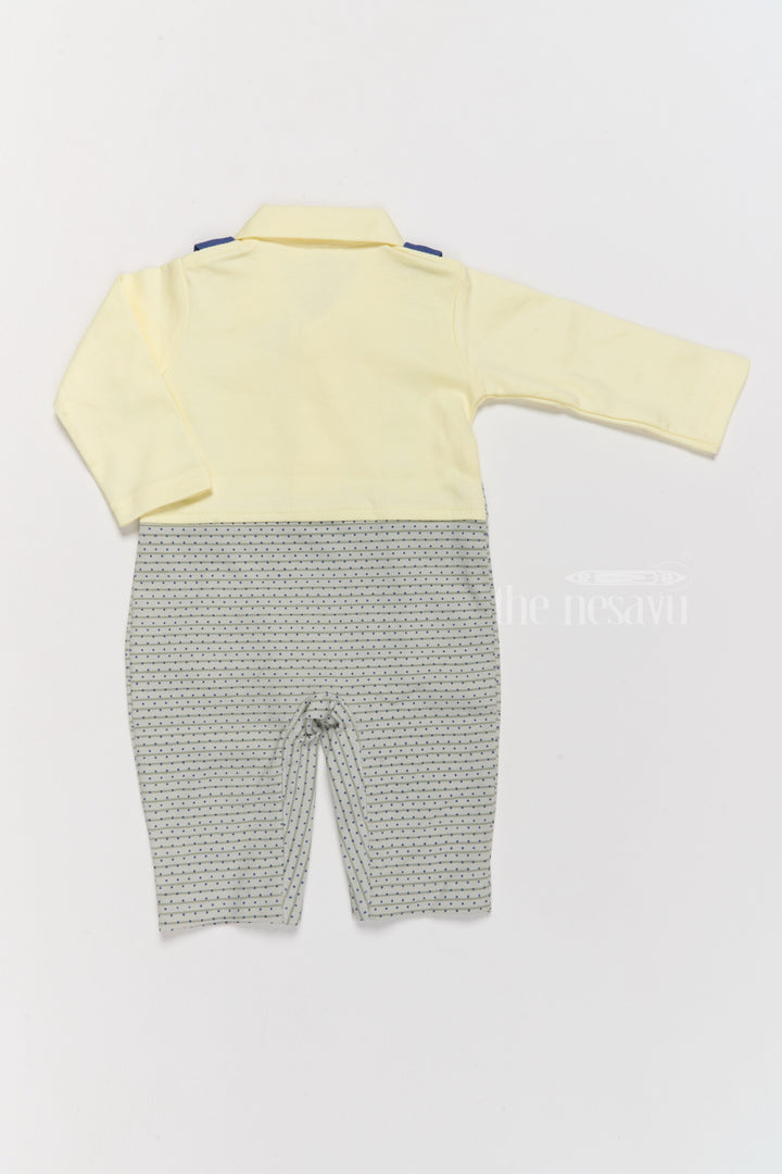 The Nesavu Boys Casual Set Boys Casual and Formal Cotton Attire with Yellow Shirt, Printed Dungarees, and Bow Tie Nesavu Nesavu Boys Cotton Casual Formal Attire Yellow Shirt Printed Grey Dungarees Bow Tie