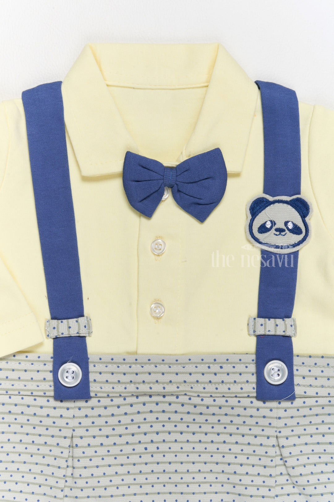 The Nesavu Boys Casual Set Boys Casual and Formal Cotton Attire with Yellow Shirt, Printed Dungarees, and Bow Tie Nesavu Nesavu Boys Cotton Casual Formal Attire Yellow Shirt Printed Grey Dungarees Bow Tie