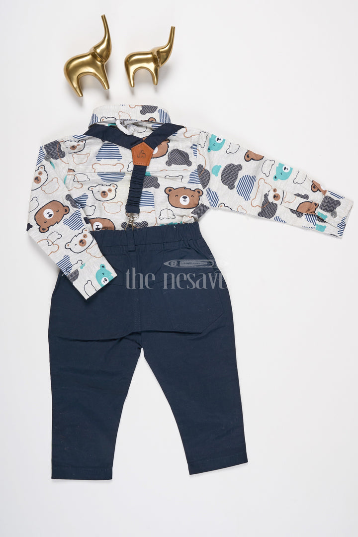 The Nesavu Baby Dungarees Boys Casual Set with Animal Print Shirt, Suspenders, and Black Trousers for Dapper Style Nesavu Nesavu Boys Animal Print Casual Set Suspenders Black Trousers Special Occasions