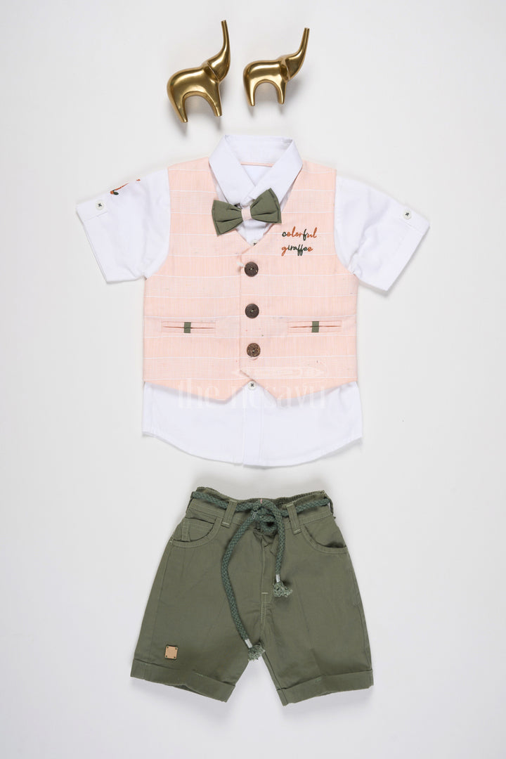 The Nesavu Boys Casual Set Boys Casual Set with Peach Vest, Green Shorts, and Giraffe Embroidery for Semi-Formal Events Nesavu 14 (6M) / Peach BCS068B-14 Nesavu Boys Peach Vest Green Shorts Set Giraffe Embroidery Casual Semi-Formal Events