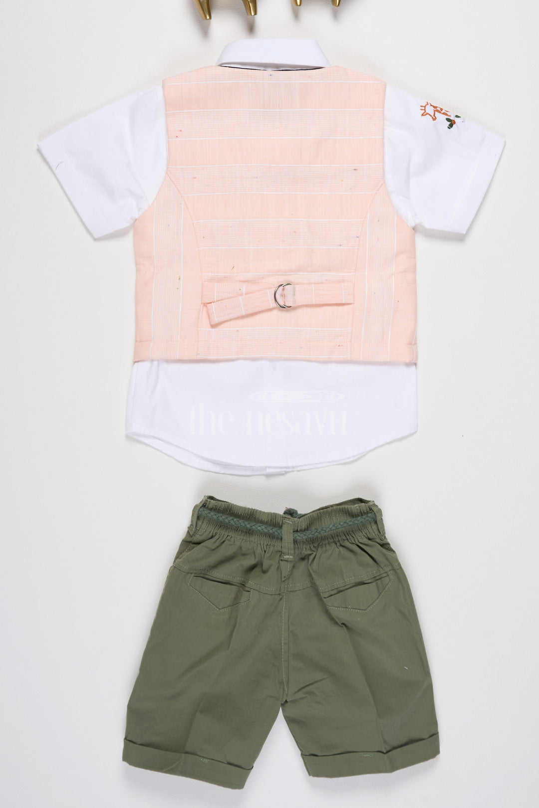 The Nesavu Boys Casual Set Boys Casual Set with Peach Vest, Green Shorts, and Giraffe Embroidery for Semi-Formal Events Nesavu Nesavu Boys Peach Vest Green Shorts Set Giraffe Embroidery Casual Semi-Formal Events