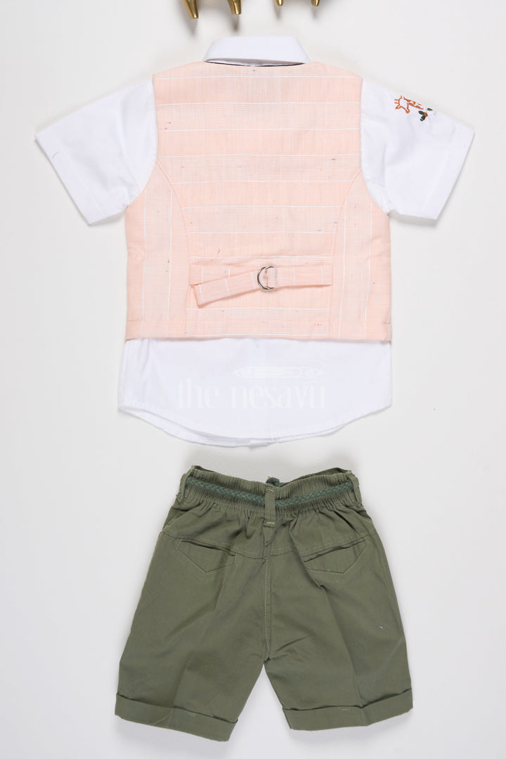 The Nesavu Boys Casual Set Boys Casual Set with Peach Vest, Green Shorts, and Giraffe Embroidery for Semi-Formal Events Nesavu Nesavu Boys Peach Vest Green Shorts Set Giraffe Embroidery Casual Semi-Formal Events