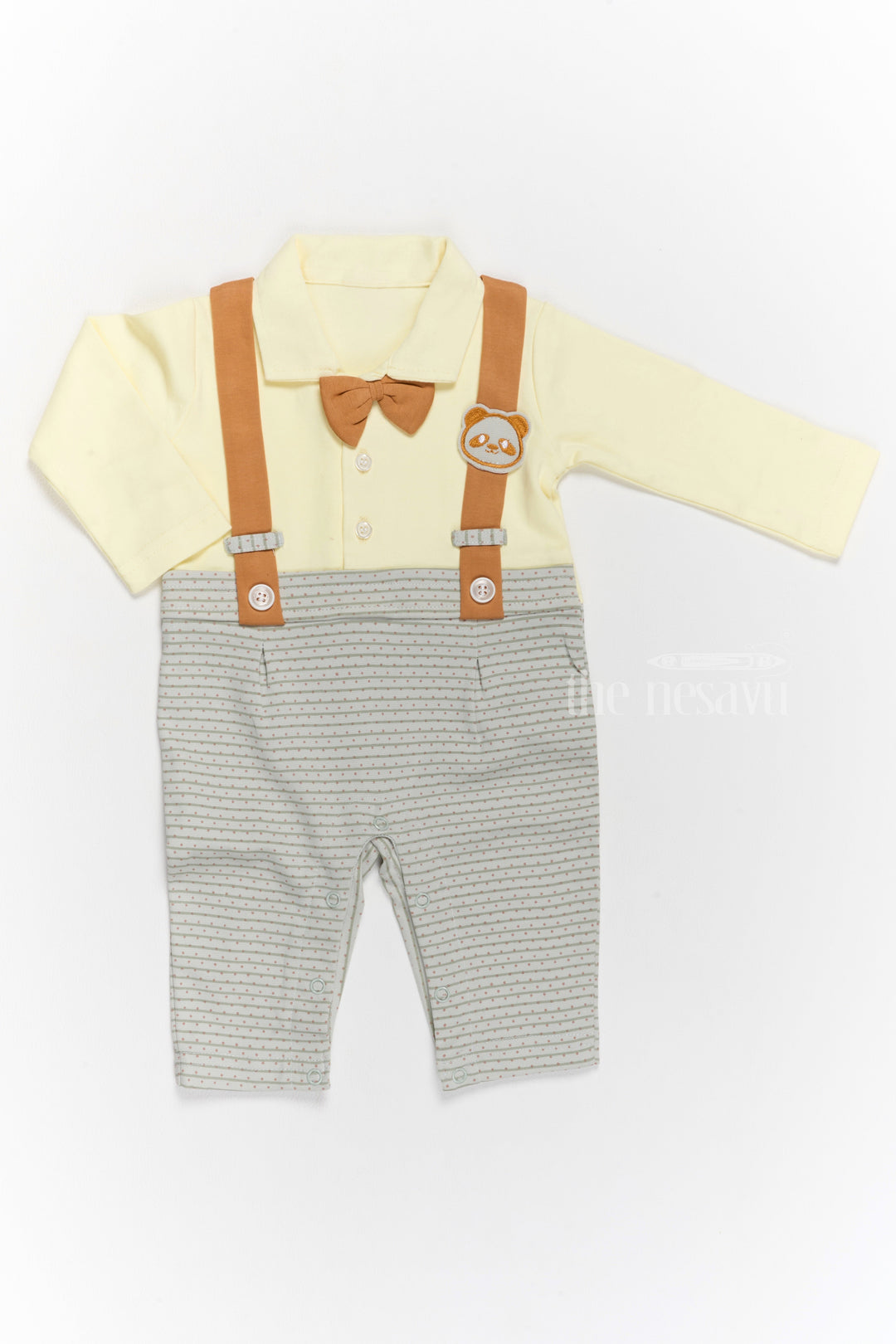 The Nesavu Boys Casual Set Boys Casual Wear Clothes Set with Yellow Shirt, Printed Dungarees, and Bow Tie Nesavu 12 (3M) / Yellow BCS205B-12 Nesavu Boys Casual Wear Clothes Set Yellow Shirt Printed Dungarees Bow Tie