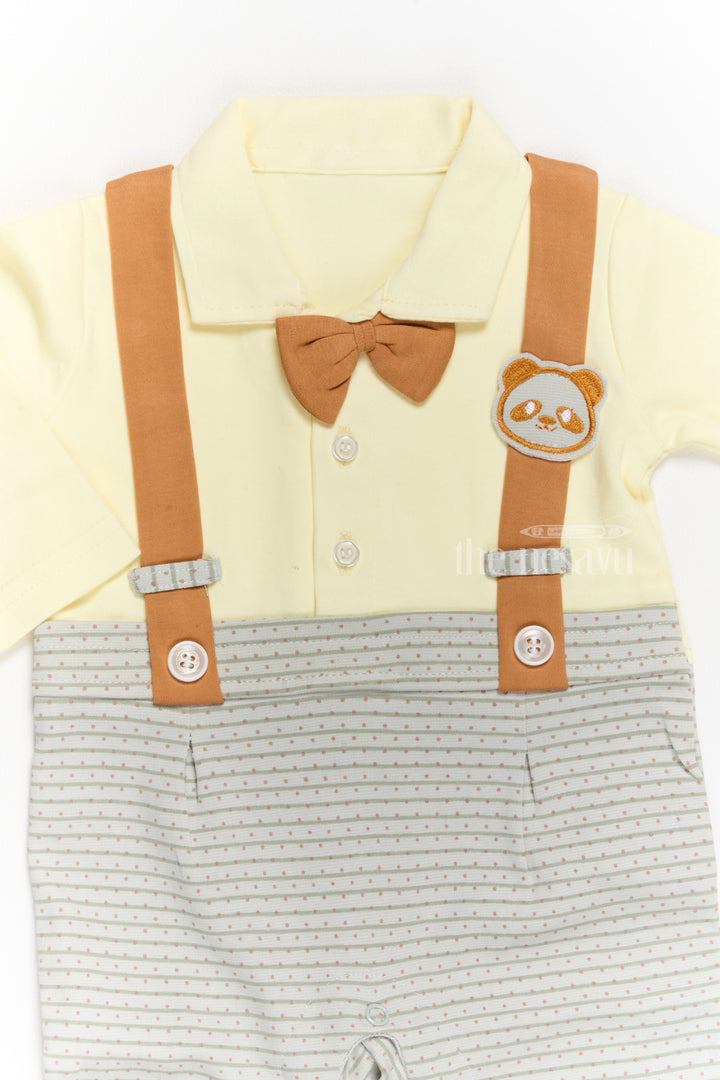 The Nesavu Boys Casual Set Boys Casual Wear Clothes Set with Yellow Shirt, Printed Dungarees, and Bow Tie Nesavu Nesavu Boys Casual Wear Clothes Set Yellow Shirt Printed Dungarees Bow Tie