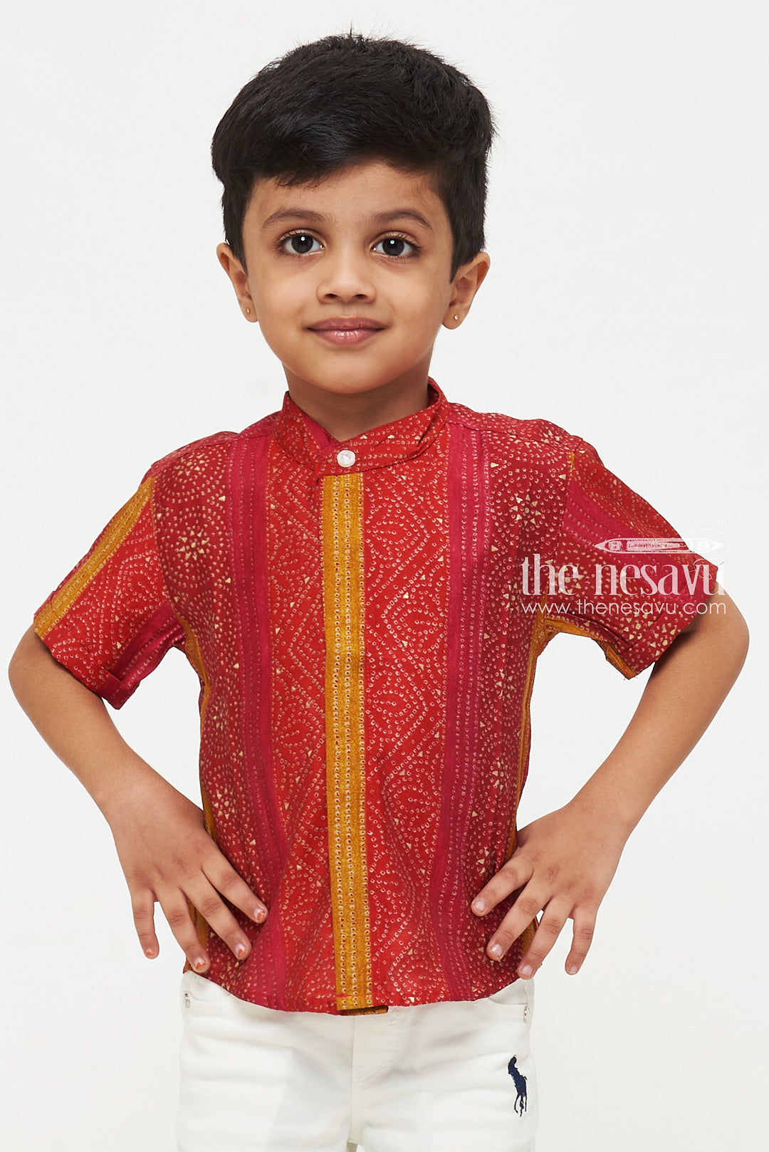 The Nesavu Boys Cotton Shirt Boys Chanderi Shirt with Red and Yellow Geometric Stripes - Festive and Stylish Nesavu Boys Chanderi Shirt with Red and Yellow Geometric Stripes | Festive and Stylish | The Nesavu