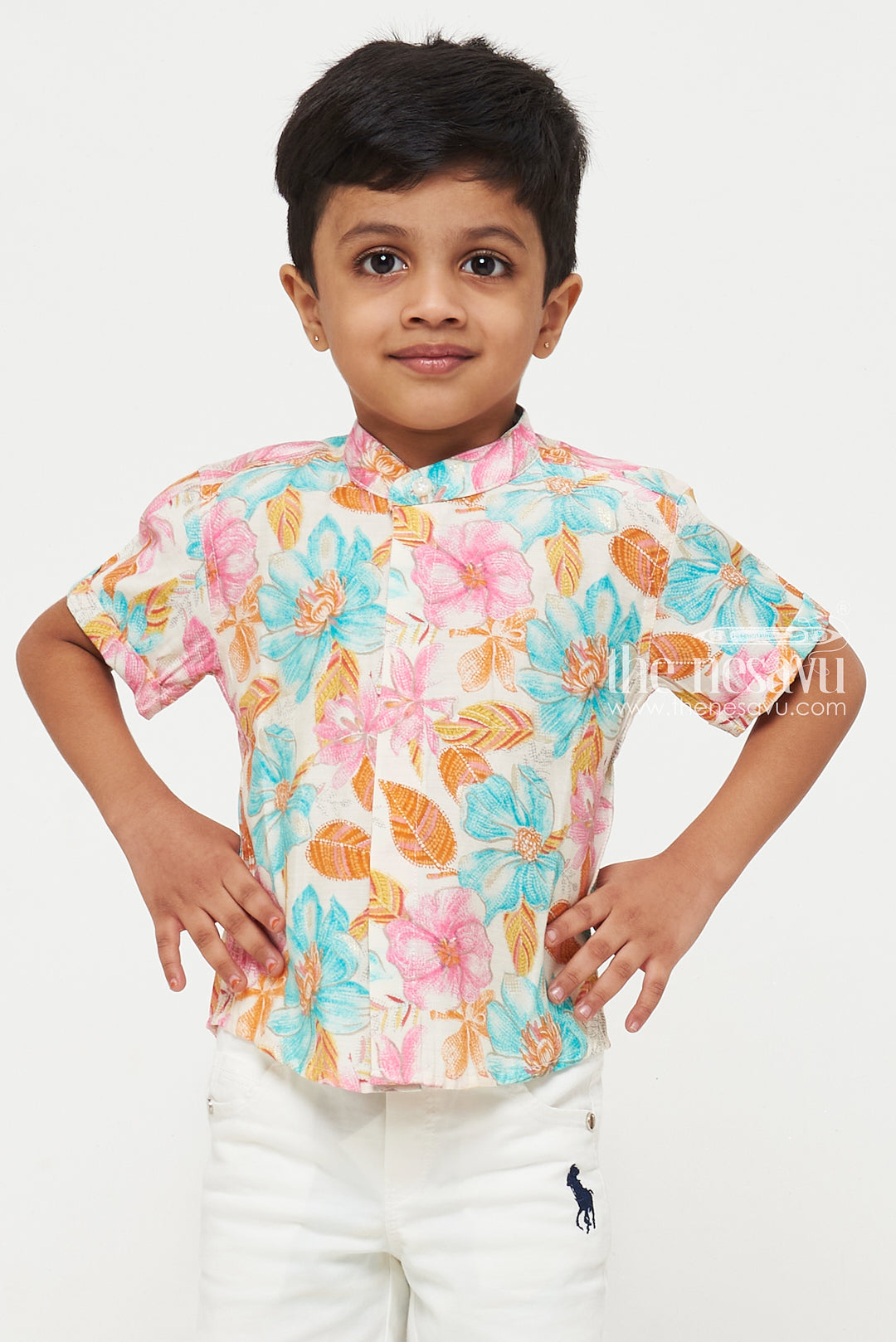 The Nesavu Boys Cotton Shirt Boys Chanderi Shirt with Vibrant Floral Print - Ideal for Spring and Summer Events Nesavu Boys Chanderi Shirt with Vibrant Floral Print | Ideal for Spring and Summer Events | The Nesavu