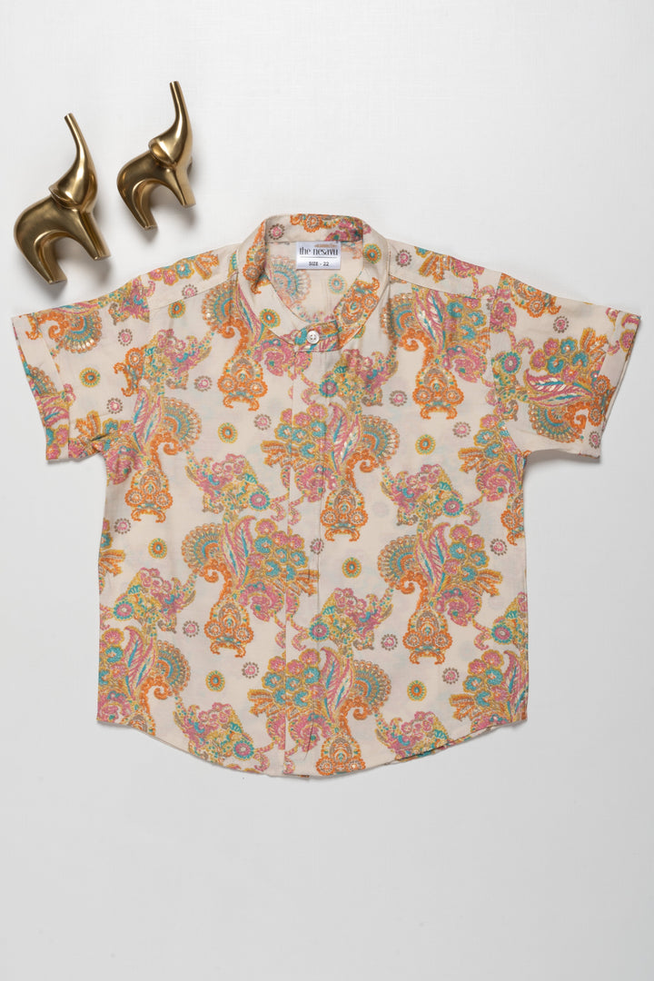 The Nesavu Boys Cotton Shirt Boys Chanderi Shirt with Vibrant Paisley Print - Perfect for Festive Occasions Nesavu 16 (1Y) / multicolor / Chanderi BS147A-16 Boys Chanderi Shirt with Vibrant Paisley Print | Perfect for Festive Occasions | The Nesavu