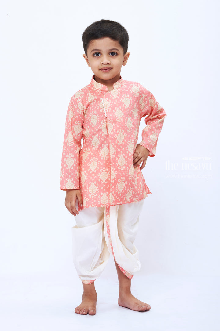 The Nesavu Boys Dothi Set Boys Charming Pink Paisley Print Kurta with White Dhoti Set Nesavu 12 (3M) / Pink / Cotton BES485B-12 Boys Pink Paisley Kurta White Dhoti Set | Festive and Fun Ethnic Wear | The Nesavu