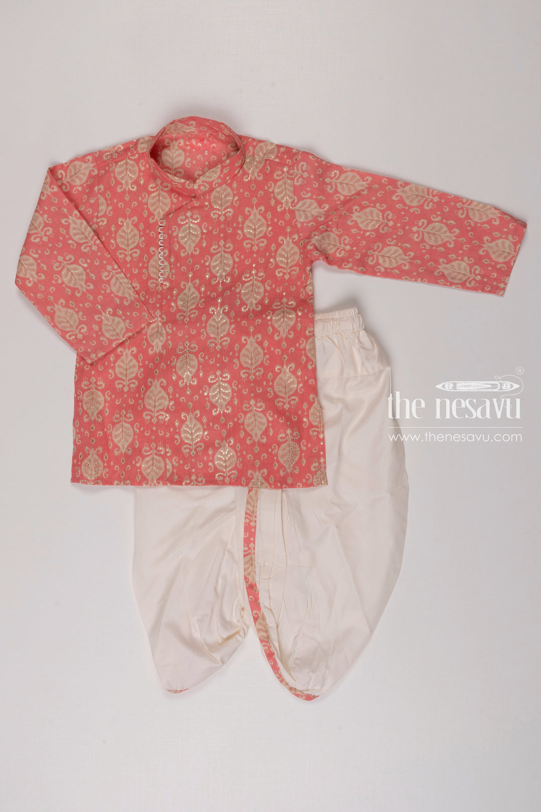 The Nesavu Boys Dothi Set Boys Charming Pink Paisley Print Kurta with White Dhoti Set Nesavu 12 (3M) / Pink / Cotton BES485B-12 Boys Pink Paisley Kurta White Dhoti Set | Festive and Fun Ethnic Wear | The Nesavu