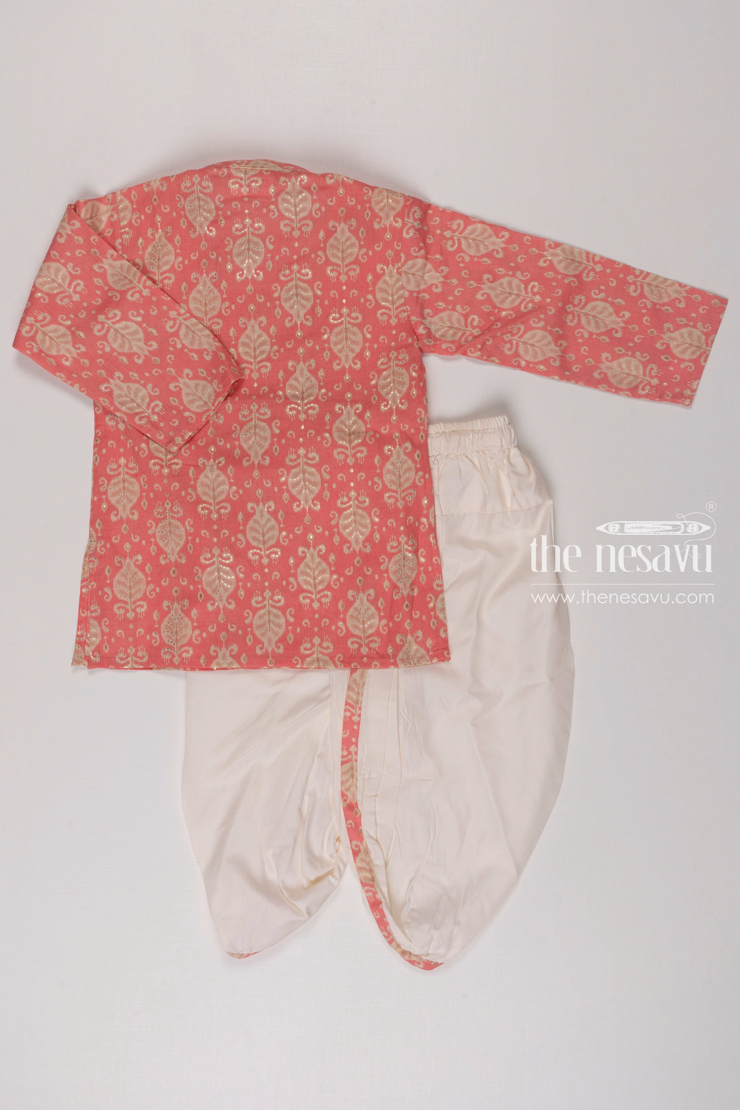 The Nesavu Boys Dothi Set Boys Charming Pink Paisley Print Kurta with White Dhoti Set Nesavu Boys Pink Paisley Kurta White Dhoti Set | Festive and Fun Ethnic Wear | The Nesavu