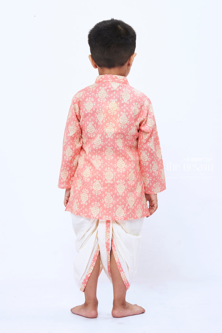 The Nesavu Boys Dothi Set Boys Charming Pink Paisley Print Kurta with White Dhoti Set Nesavu Boys Pink Paisley Kurta White Dhoti Set | Festive and Fun Ethnic Wear | The Nesavu