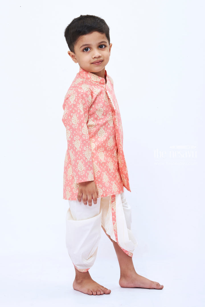 The Nesavu Boys Dothi Set Boys Charming Pink Paisley Print Kurta with White Dhoti Set Nesavu Boys Pink Paisley Kurta White Dhoti Set | Festive and Fun Ethnic Wear | The Nesavu