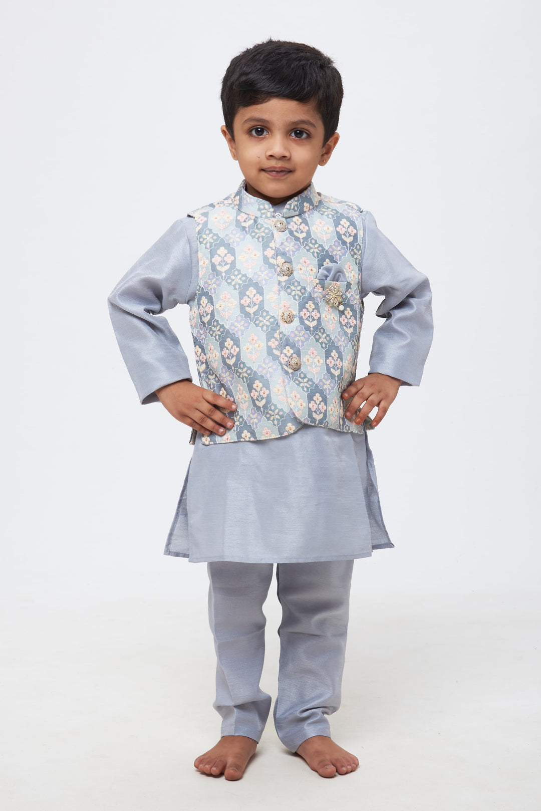 The Nesavu Boys Jacket Sets Boys' Classic Ensemble: Embroidered Grey Kurta & Trousers Set with Floral Accents Nesavu 12 (3M) / Gray / Silk Blend BES418B-12 Chic and Traditional | Boys Kurta Set with Jacket for Festive Celebrations | The Nesavu