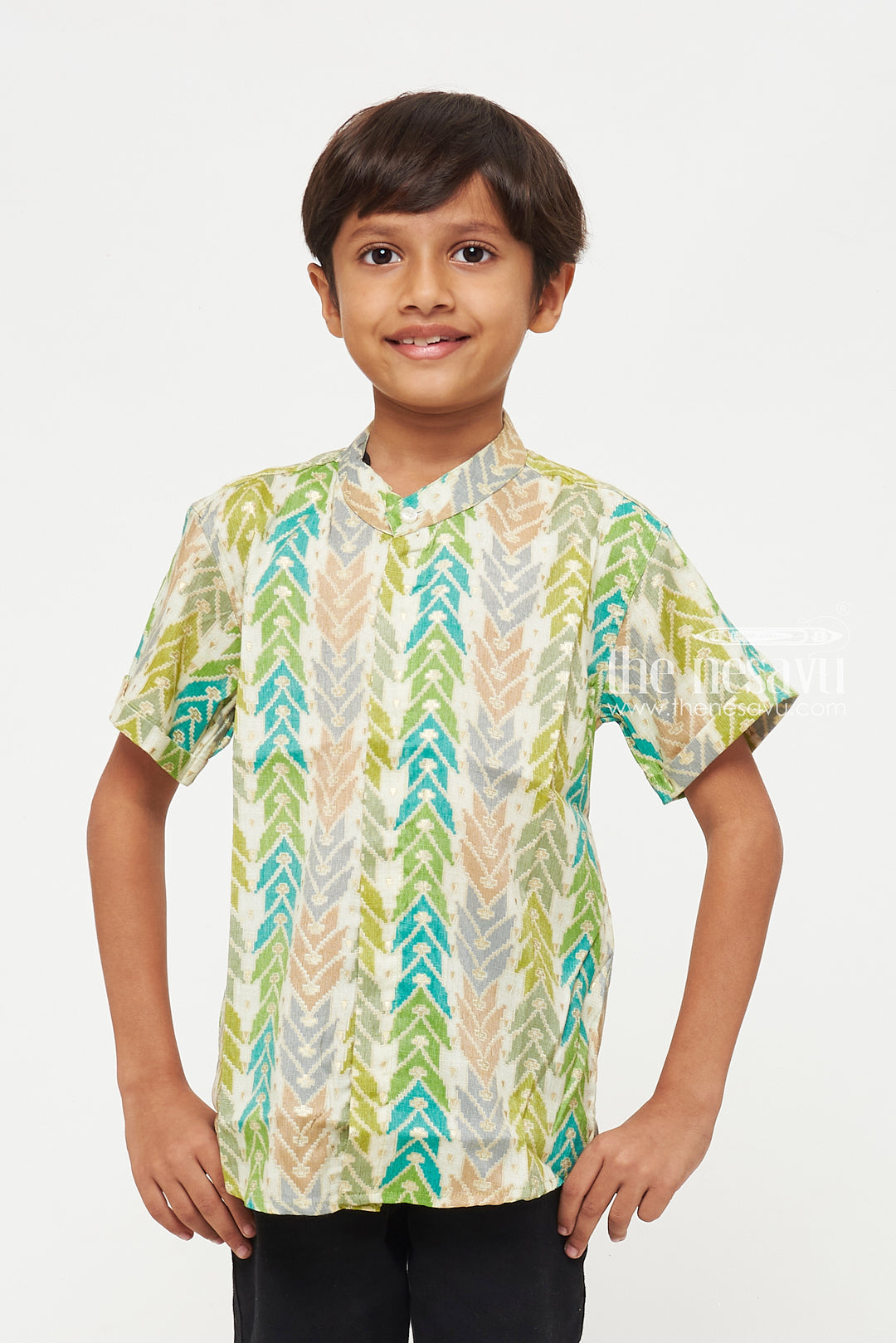 The Nesavu Boys Cotton Shirt Boys Cool Rayon Ikat Print Shirt - Comfortable Summer Casual Wear Nesavu Boys Cool Rayon Ikat Print Shirt | Comfortable Summer Casual Wear | The Nesavu