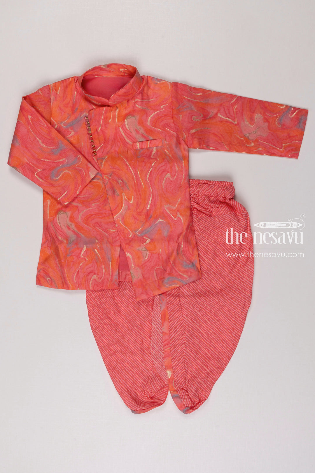 The Nesavu Boys Dothi Set Boys Coral Marble Print Pink Kurta with Striped Dhoti Set Nesavu 12 (3M) / Pink / Cotton BES488B-12 Boys Coral Marble Kurta Striped Dhoti Set | Vibrant Festive Children s Clothing | The Nesavu