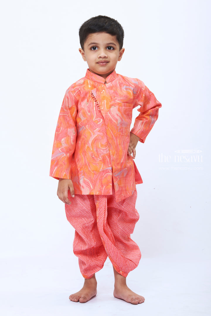 The Nesavu Boys Dothi Set Boys Coral Marble Print Pink Kurta with Striped Dhoti Set Nesavu 12 (3M) / Pink / Cotton BES488B-12 Boys Coral Marble Kurta Striped Dhoti Set | Vibrant Festive Children s Clothing | The Nesavu