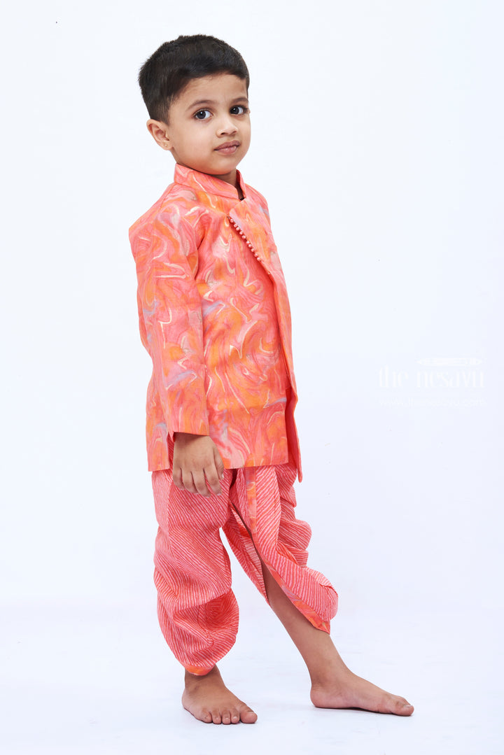 The Nesavu Boys Dothi Set Boys Coral Marble Print Pink Kurta with Striped Dhoti Set Nesavu Boys Coral Marble Kurta Striped Dhoti Set | Vibrant Festive Children s Clothing | The Nesavu