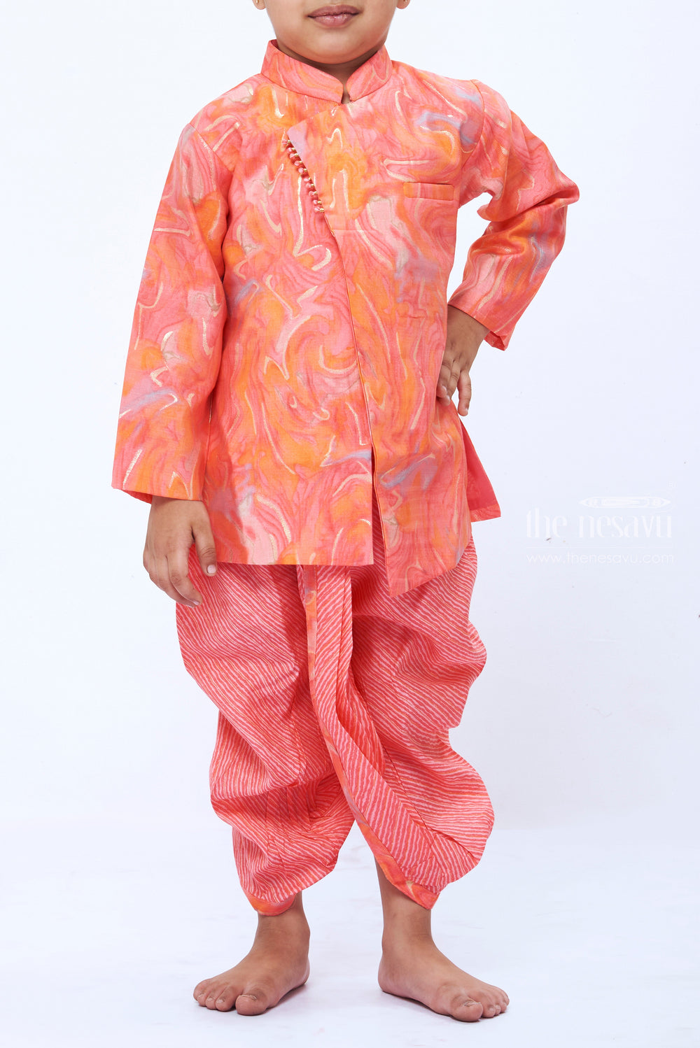 The Nesavu Boys Dothi Set Boys Coral Marble Print Pink Kurta with Striped Dhoti Set Nesavu Boys Coral Marble Kurta Striped Dhoti Set | Vibrant Festive Children s Clothing | The Nesavu