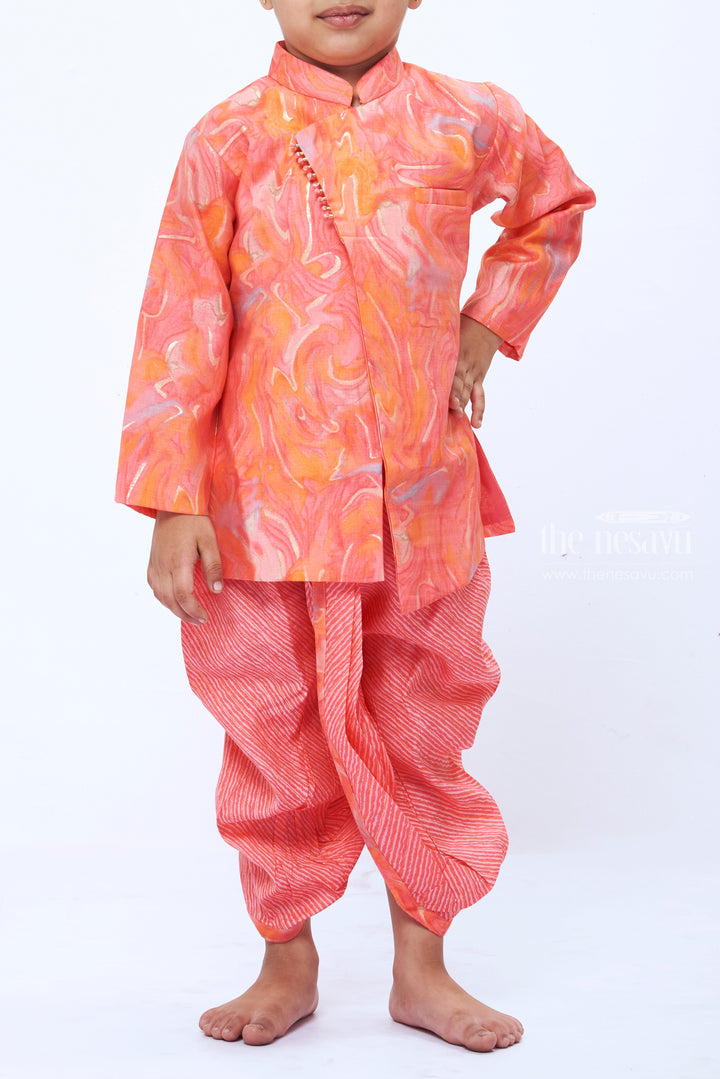 The Nesavu Boys Dothi Set Boys Coral Marble Print Pink Kurta with Striped Dhoti Set Nesavu Boys Coral Marble Kurta Striped Dhoti Set | Vibrant Festive Children s Clothing | The Nesavu